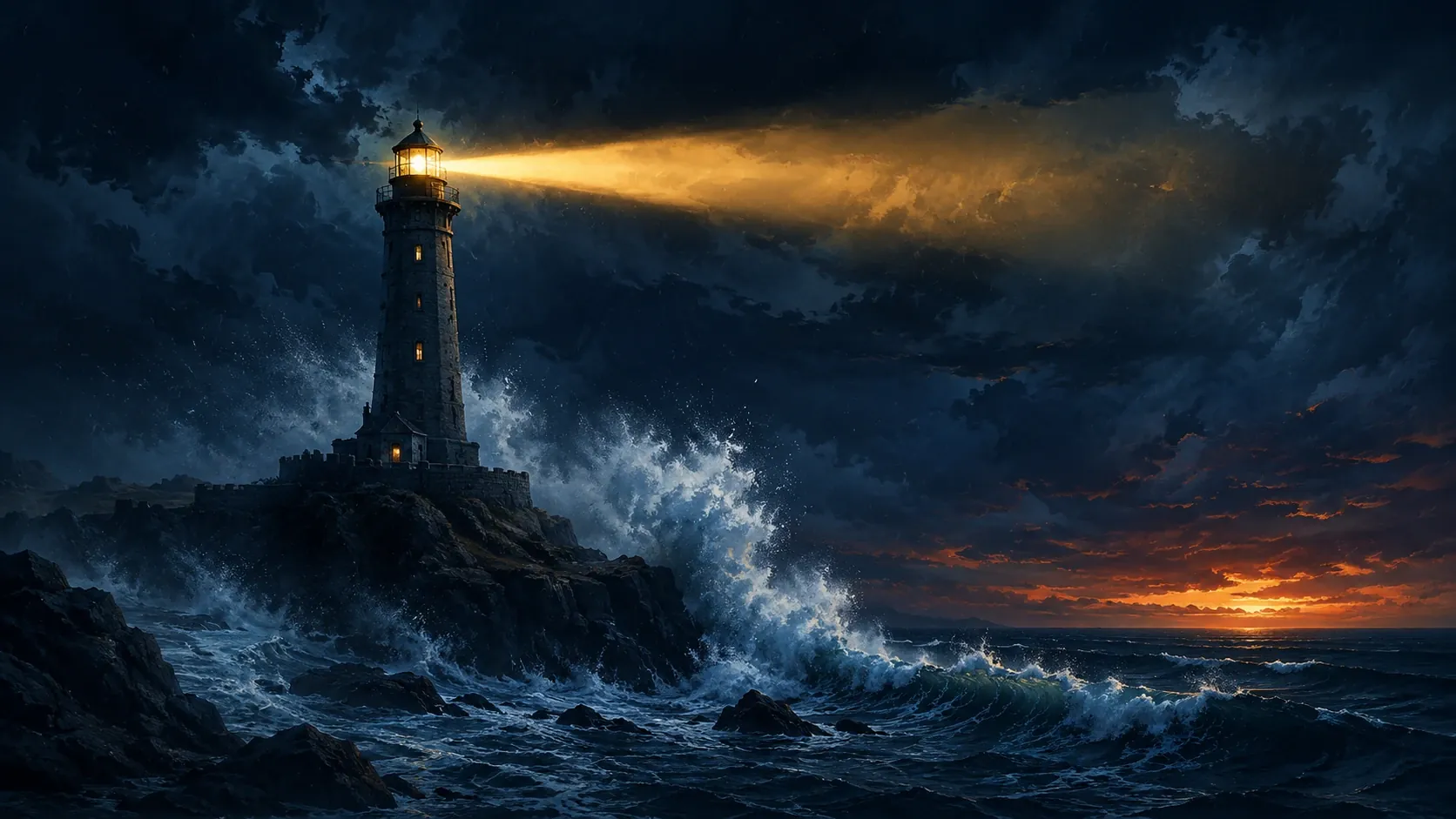 Farol sobre rochas numa noite de tempestade, com um feixe de luz dourada atravessando as nuvens